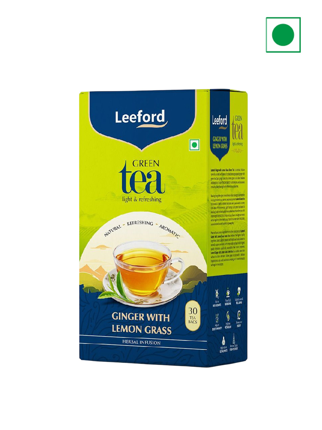 Leeford Premium Ginger Lemongrass Green Tea for Refreshing & Immunity Boosting 30Bags