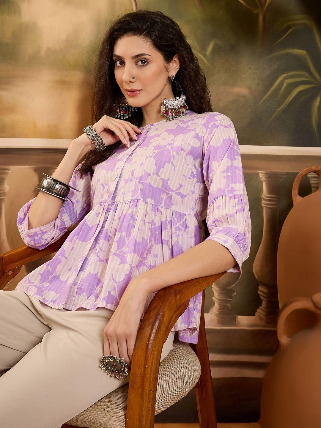 Sangria All Over Floral Printed Pure Cotton Peplum Top