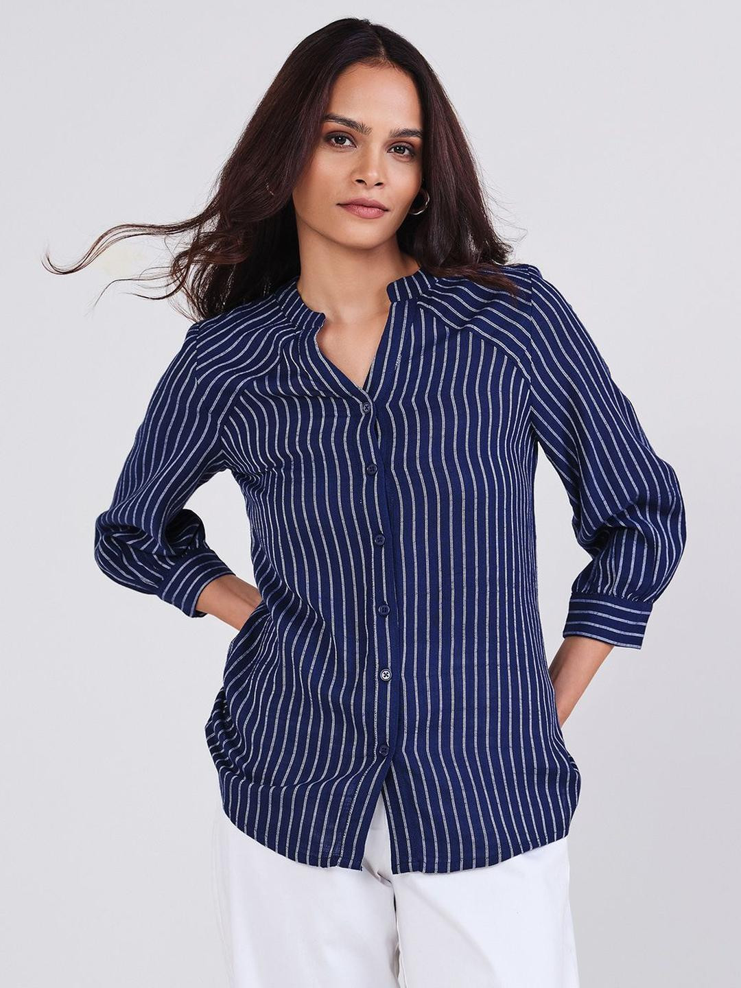 AND Vertical Striped Mandarin Collar Casual Shirt