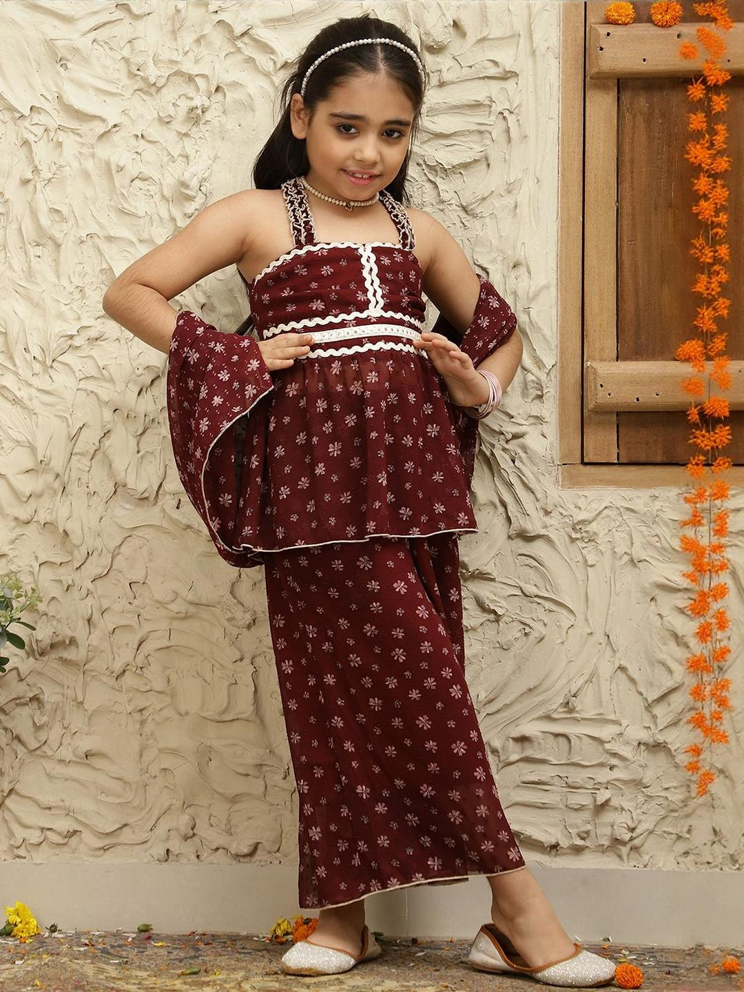 Bugandbees Girls Floral Printed Top With Palazzos & Dupatta