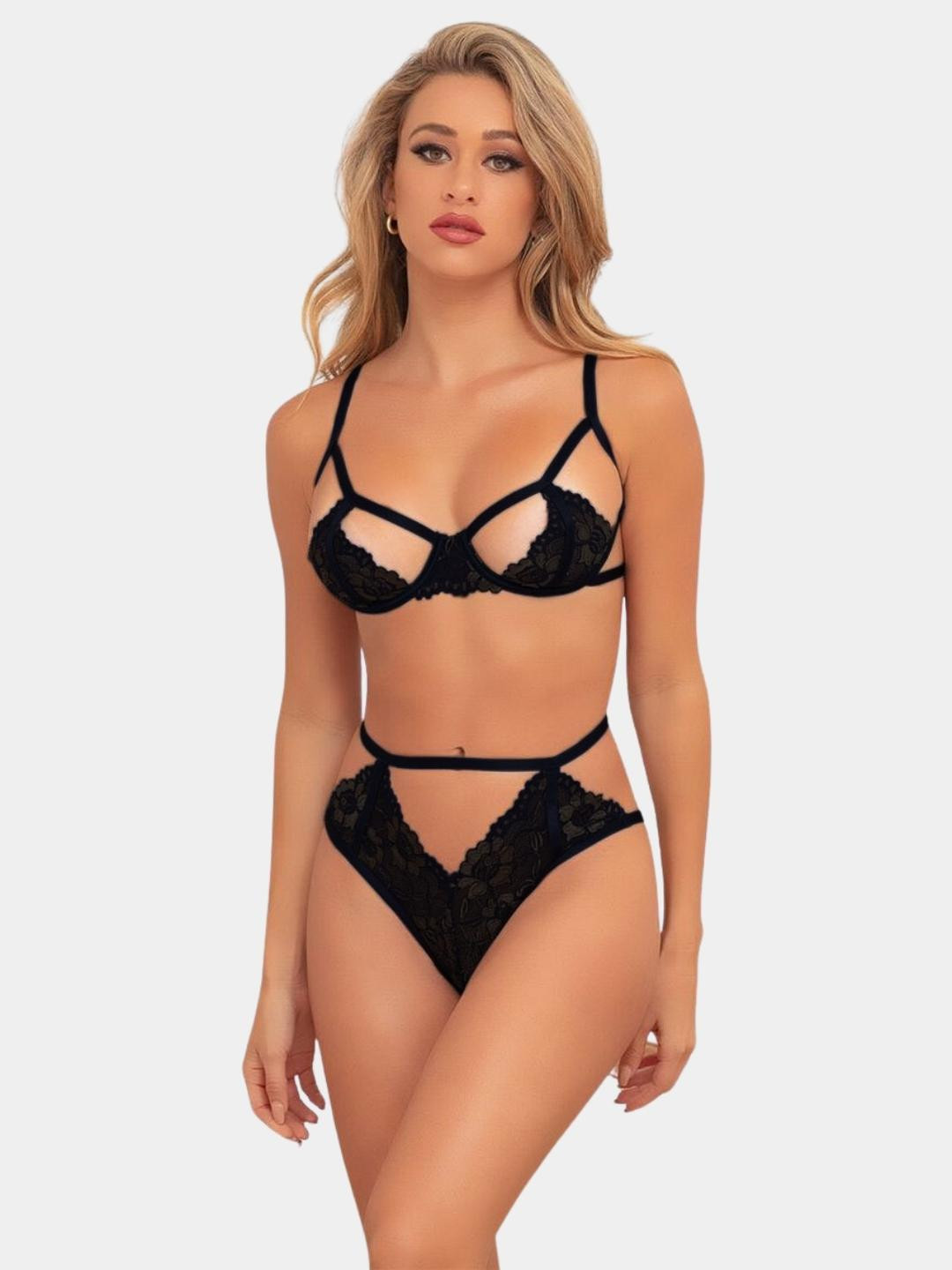 Strappy Navy Blue Sheer Lace Underwired Bra with High Waist Thong Panty Set