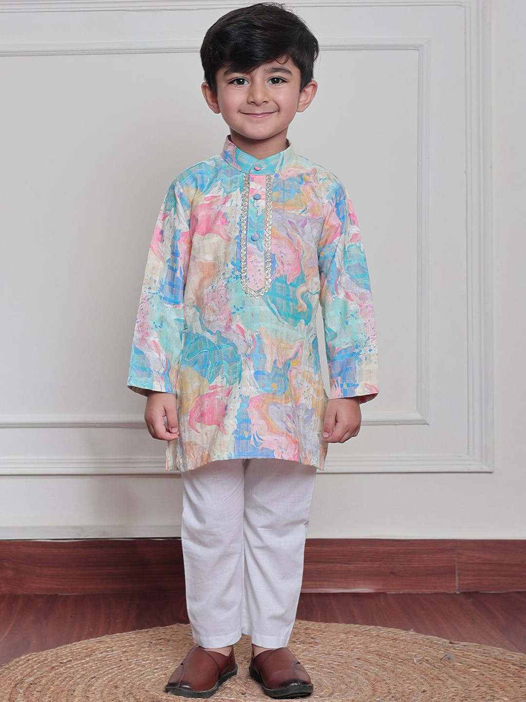 Polka Tots Boys  Cotton Woven Full Sleeve Tie Dye Print Ethnic Kurta Pyjama Set
