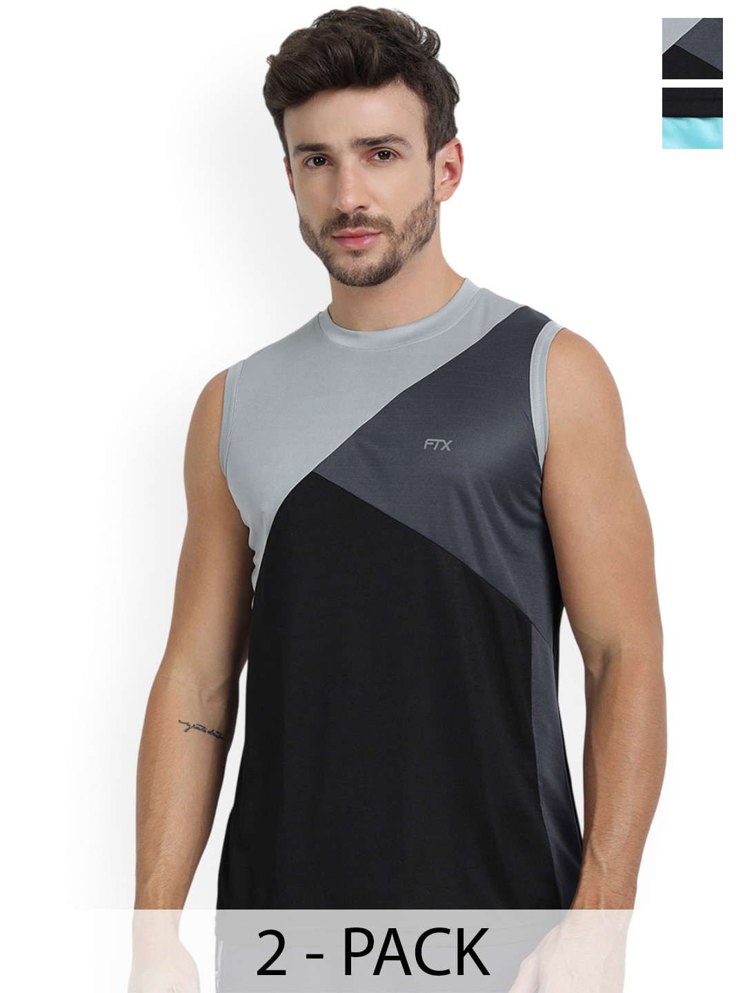 FTX Pack Of 2 Colourblocked Sleeveless Breathable Gym Vests 709-4_709-12-S