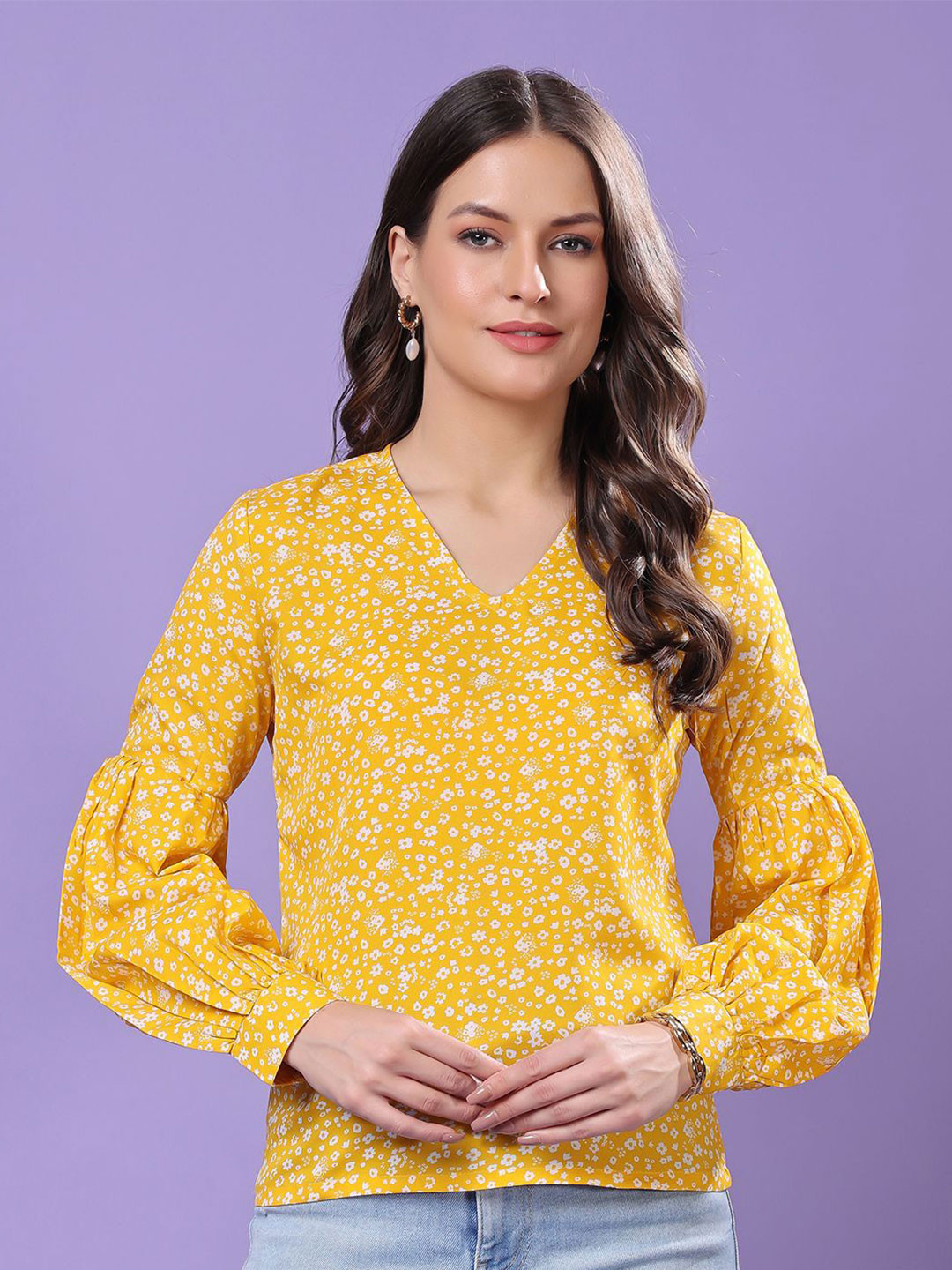 MINOS Women Floral Print V-Neck Cuffed Sleeves Top