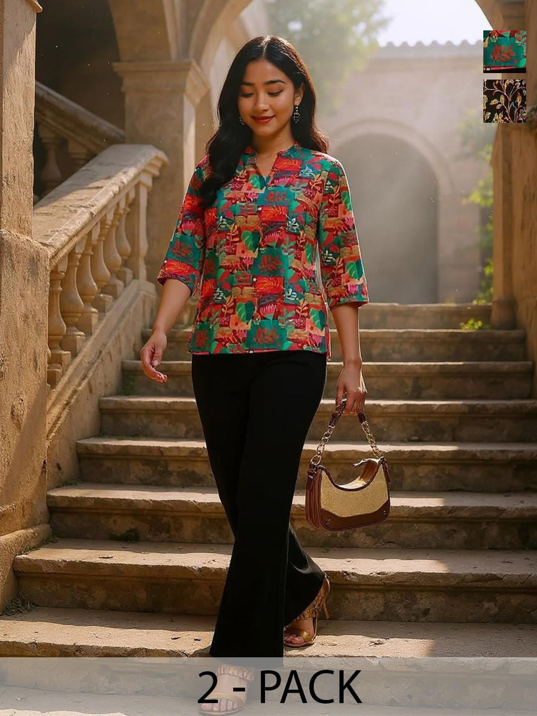 THE FAB FACTORY Pack Of 2 Vibrant Printed Mandarin-Collared Knitted Tunics