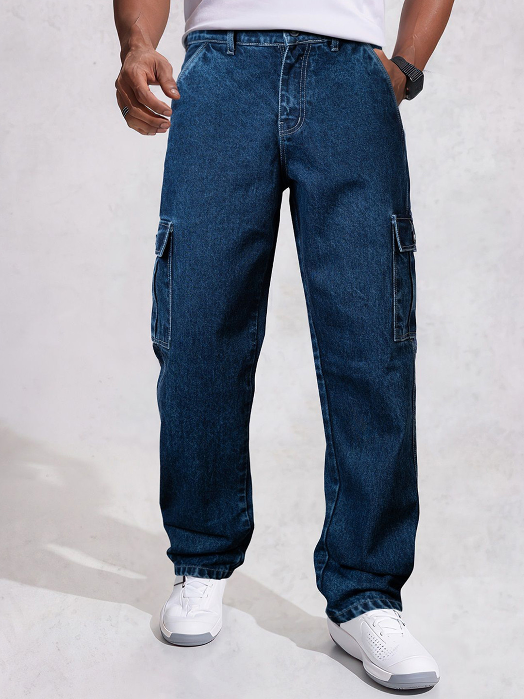 Jb Just BLACK Men Baggy Mid-Rise Light Fade Acid Wash Cargo Styles Jeans