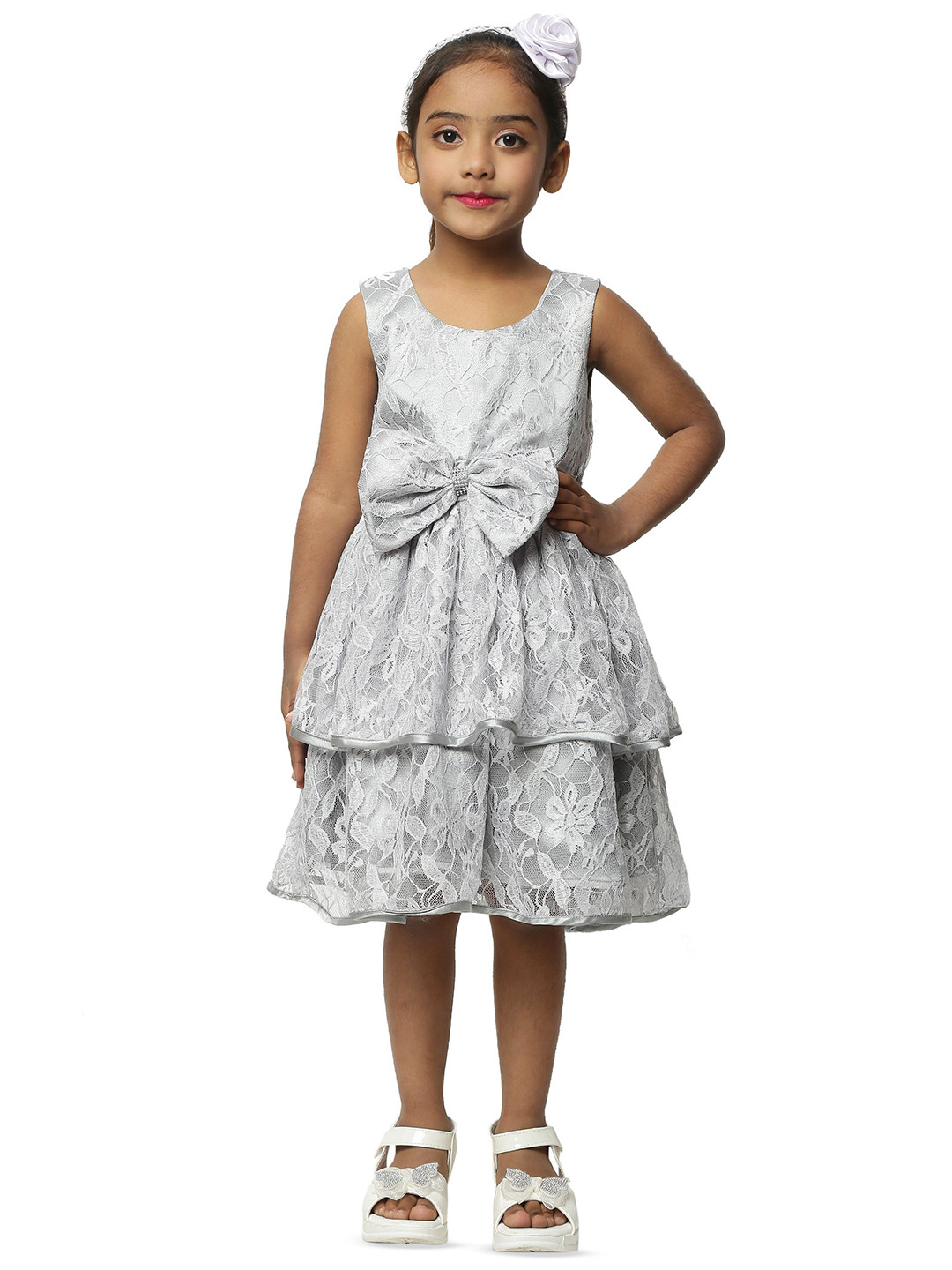 BAESD Girls Floral Self Design Round Neck Fit and Flare Layered Dress with Belt