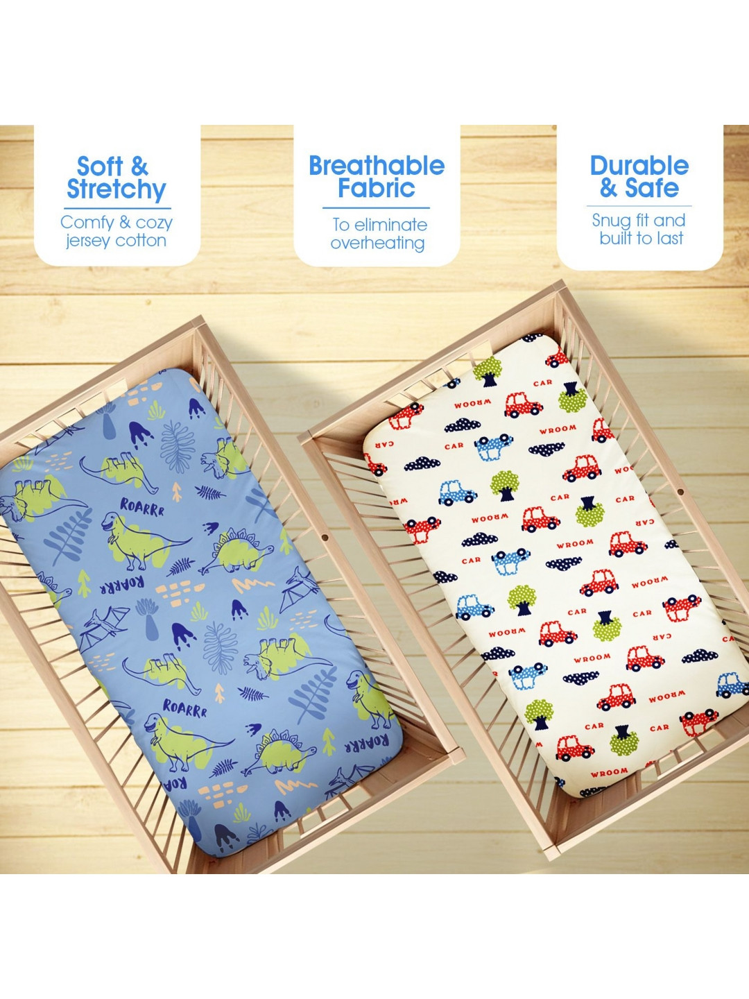 Bodycomfy Baby Printed Pure Cotton Fitted 400 TC 2 Crib Bedsheet Sets 1.4 m x 0.7m