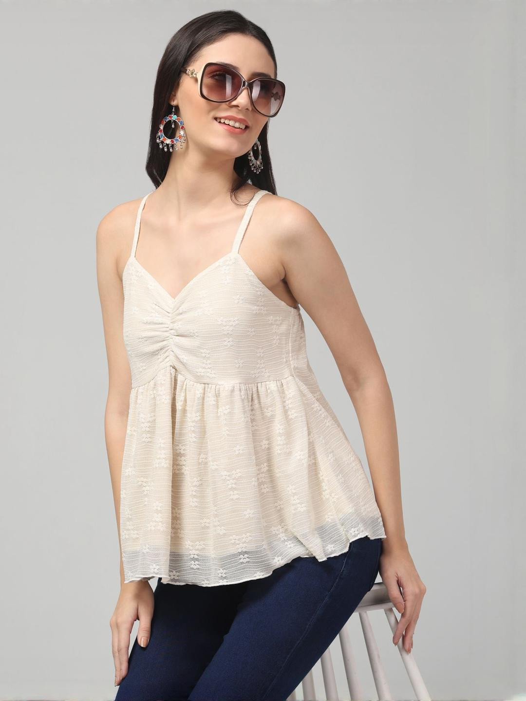 Cream-Coloured Sweetheart Neck Empire Top