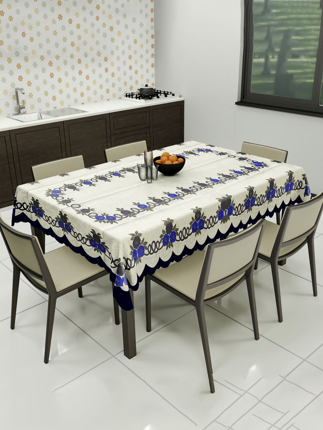 RUBOXA Cream Anti-Skid Floral Printed Rectangle Cotton 6-Seater Table Cover