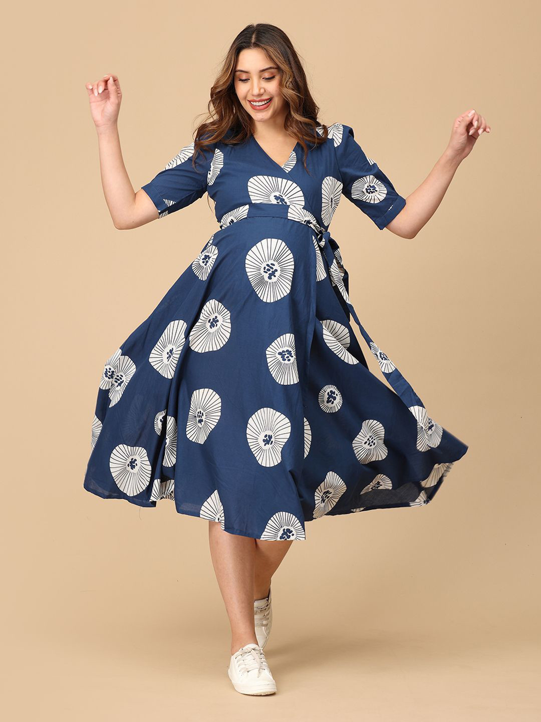 The Mom Store Women Geometric Printed Belted Maternity A-Line Midi Dress