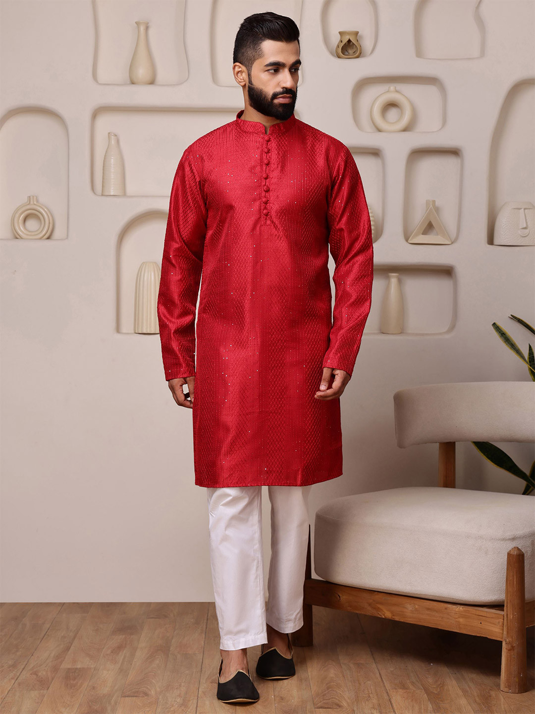 Vardha Men Embroidered Sequinned Cherry Red Kurta