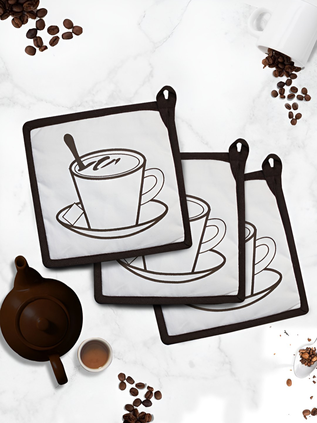 HOME COLORS.IN Brown & White 3 Pieces Printed Trivets