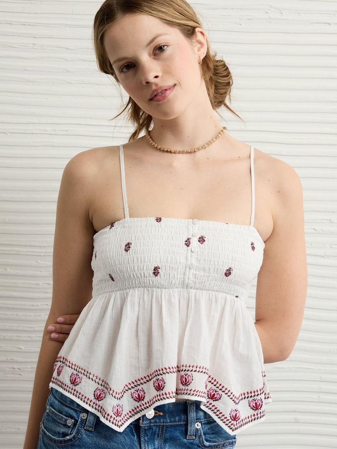 AMERICAN EAGLE OUTFITTERS Floral Printed Cotton Smocking Crop Top