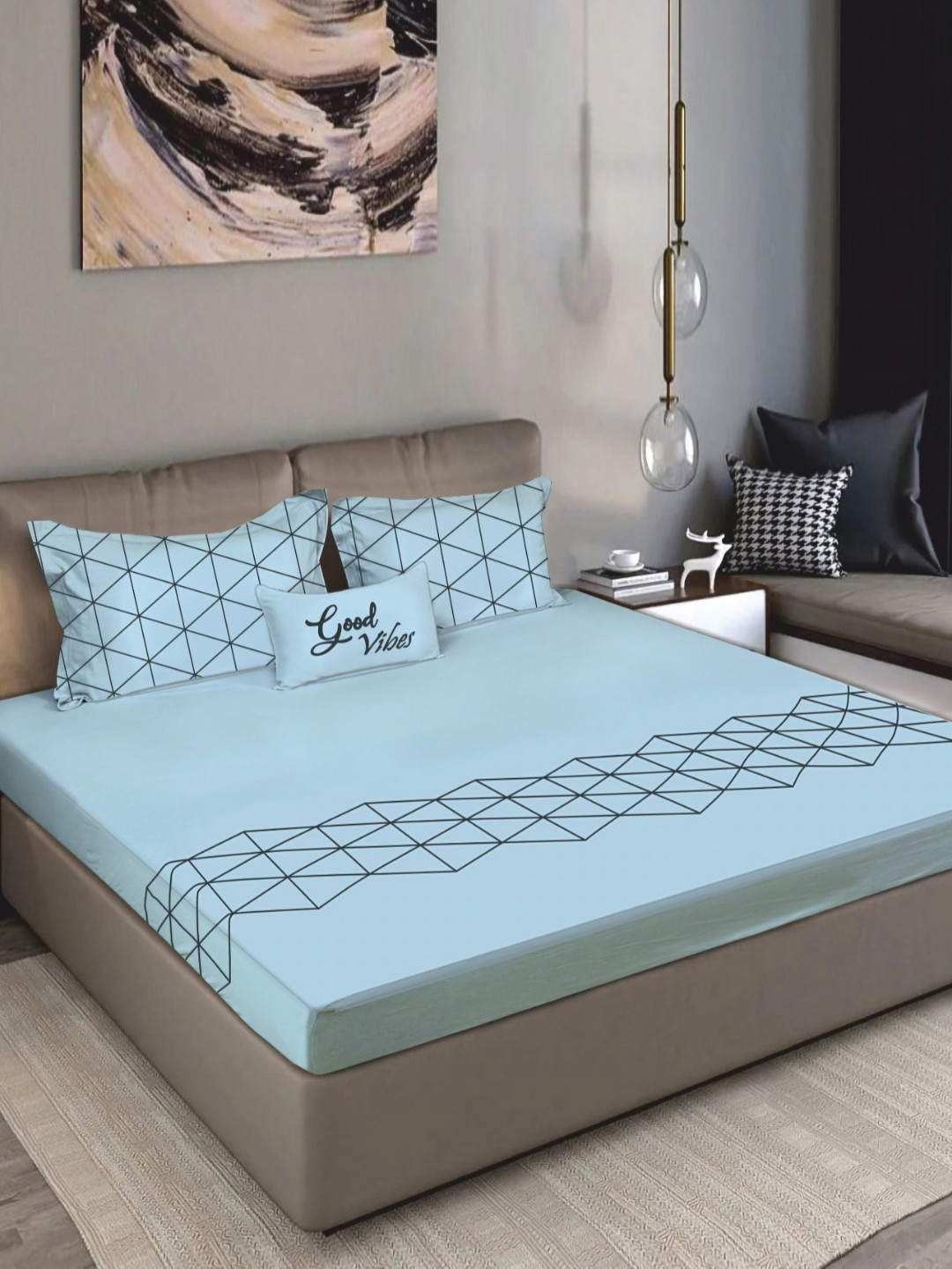 Bodycomfy Jersey Turquoise Blue Printed Cotton Fitted 400TC King Bedsheet Set 1.98m x 1.8m