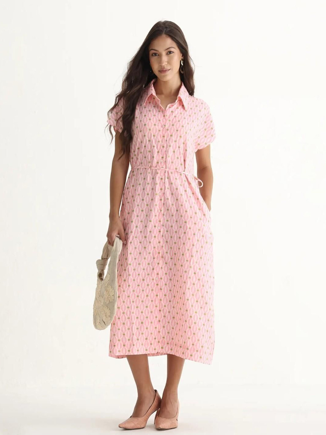 RAREISM Women Pink A-Line Fit Fit Extended Sleeve Collared Dress