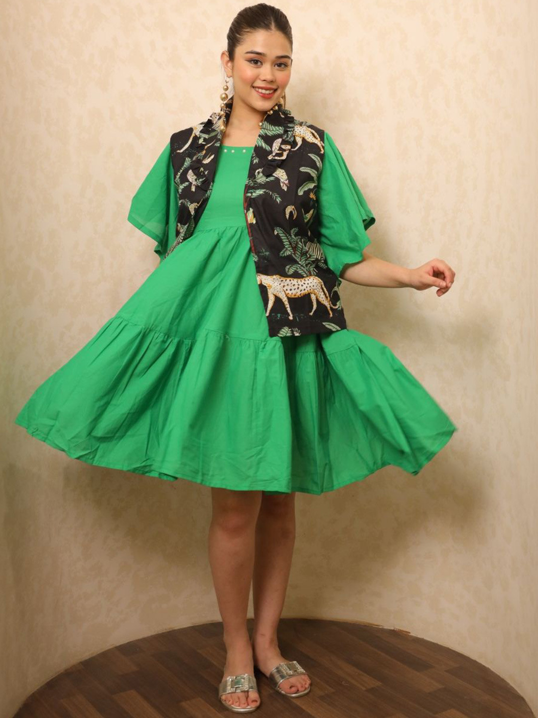 Swadeshi Shringaar Flared Sleeves Cotton Fit and Flare Dress with Black Printed Jacket