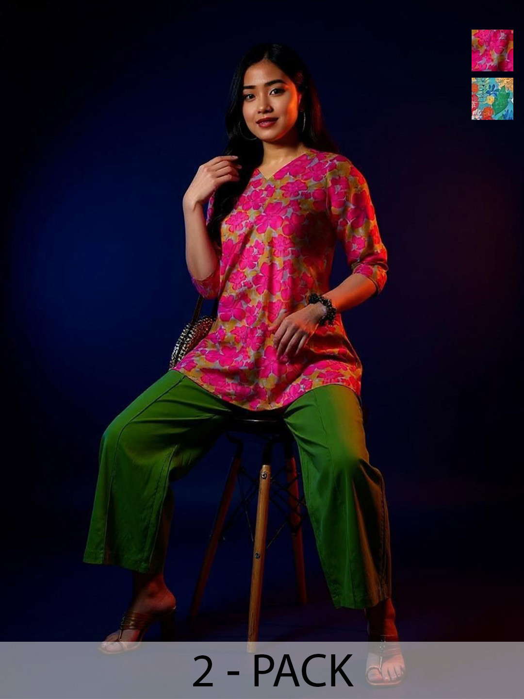 THE FAB FACTORY Selection Of 2 Floral Printed Mandarin Collar Tunics