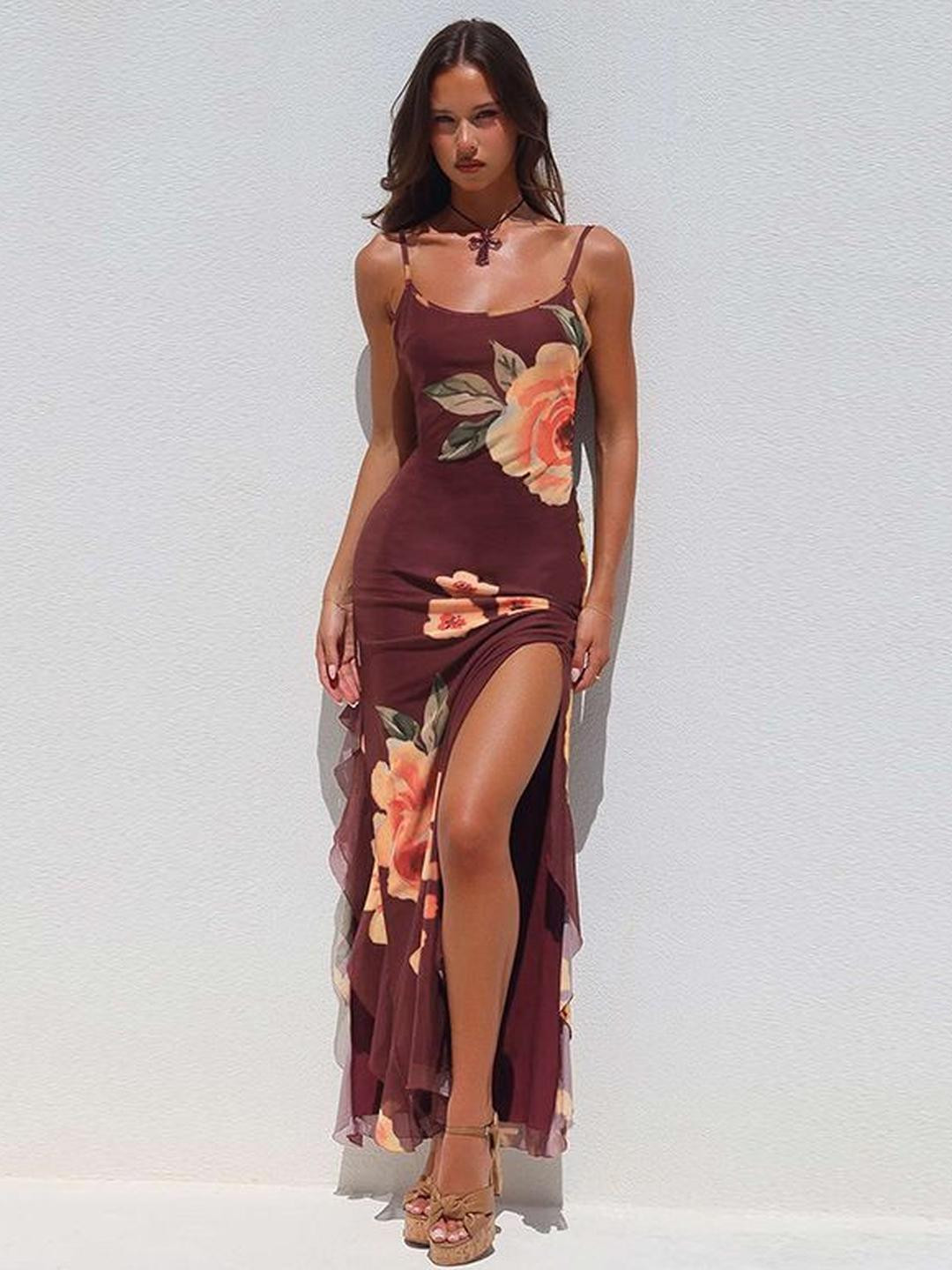 MIAKEE Russo Floral Print Shoulder Straps Slits Maxi Dress