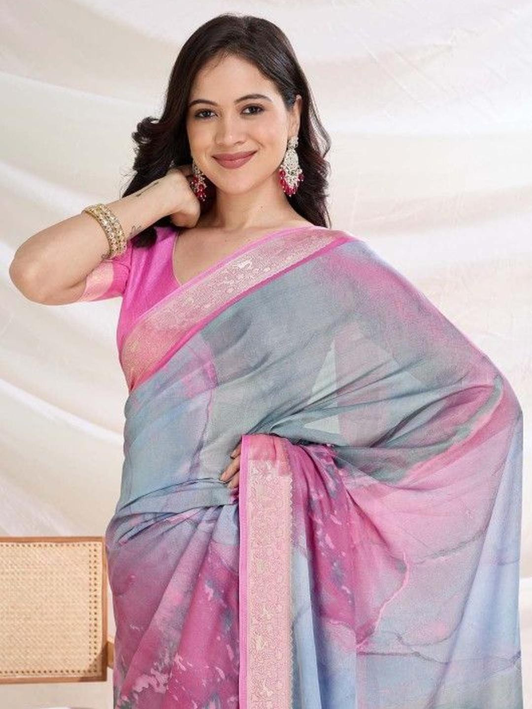 KARAGIRI Grey Pure Silk Crepe Viscose Border Printed Sari With Blouse