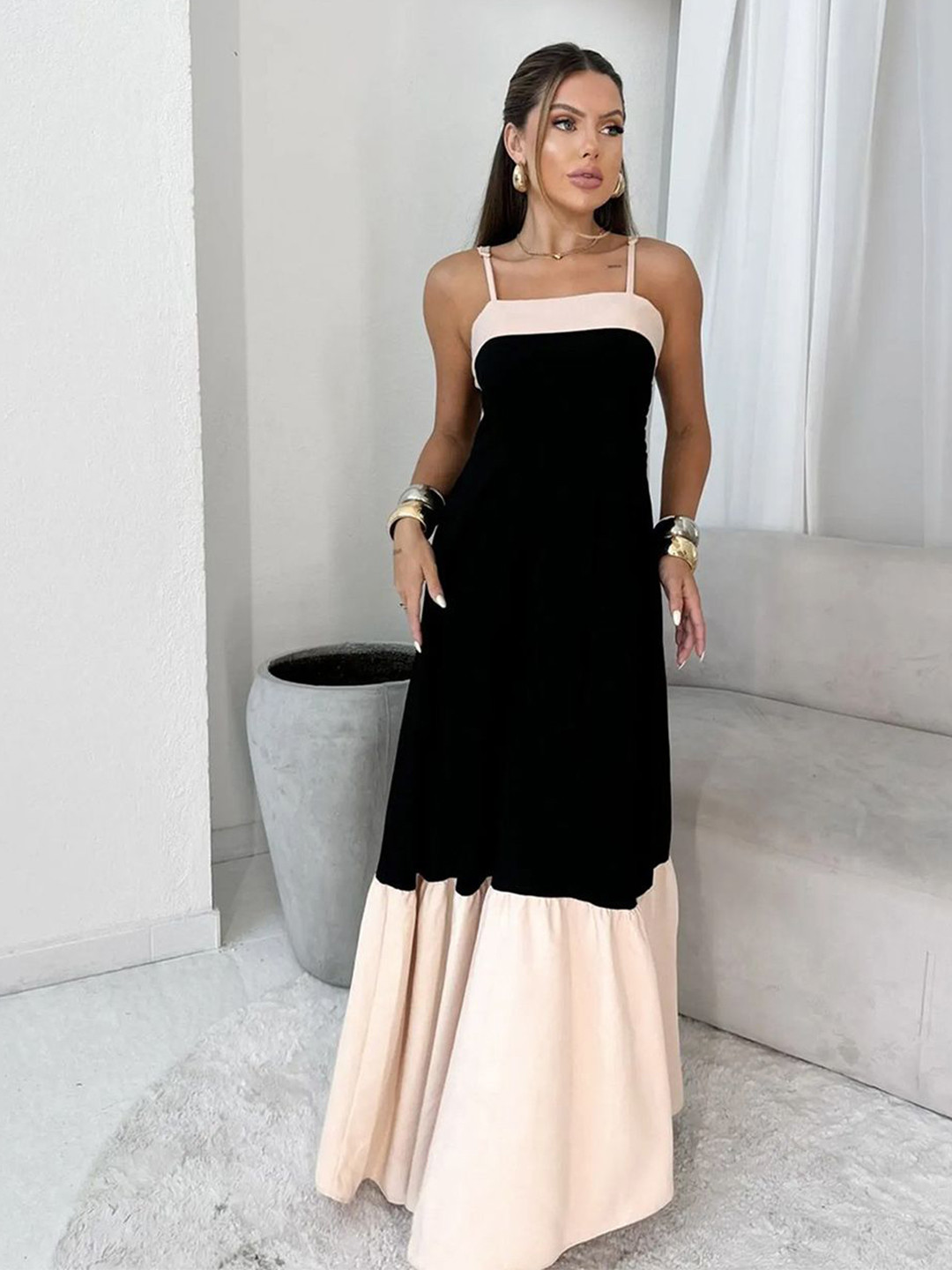 JC Mode Women Colorblocked Shoulder Straps Maxi Dress