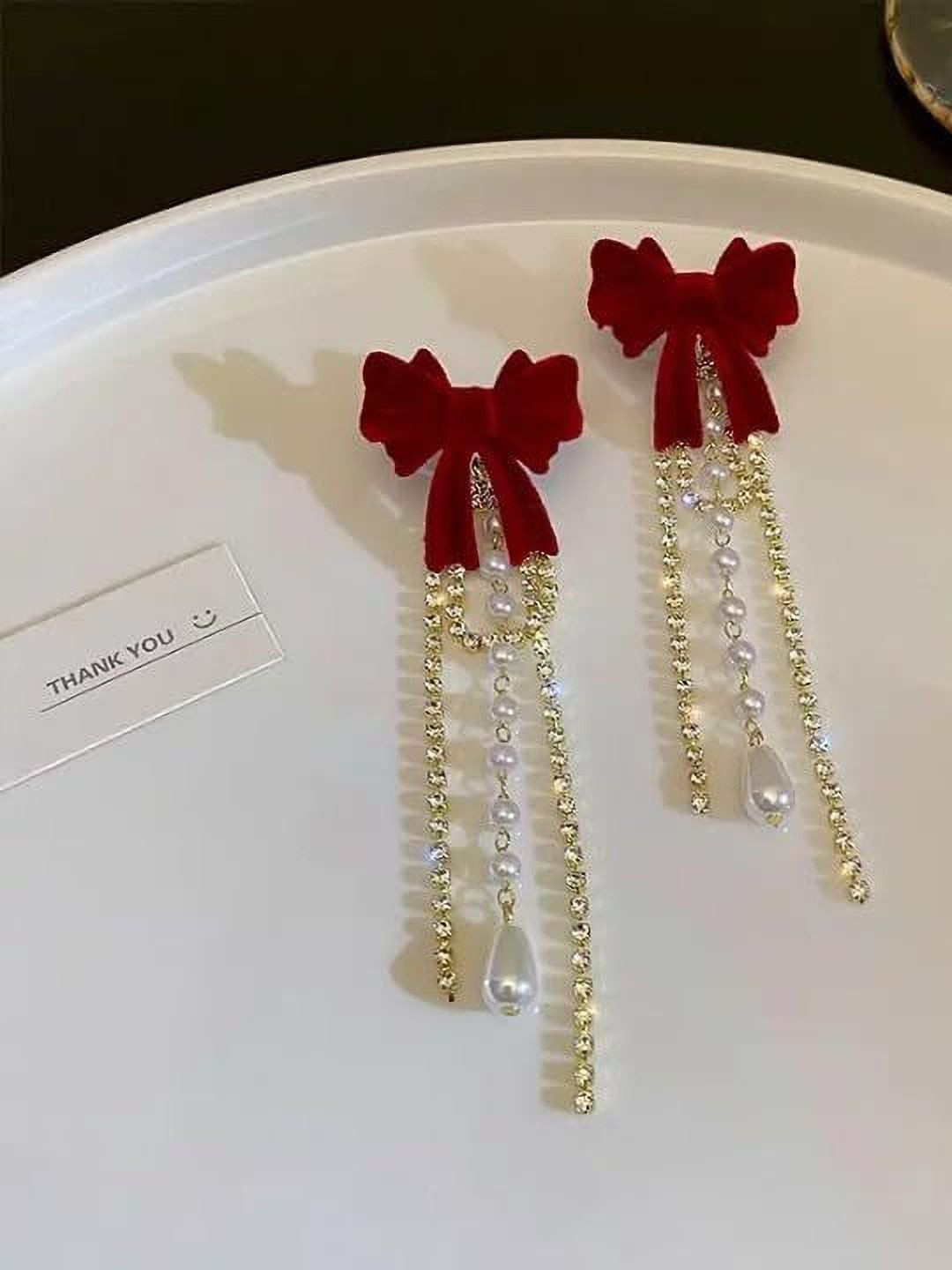 CIKIT Artificial Stones Studded And Beaded Tasselled Bow Shaped Drop Earrings