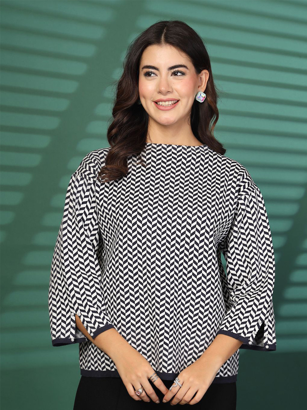 Mafadeny Women's Boat Neck 3/4th Bell Sleeve Printed Top