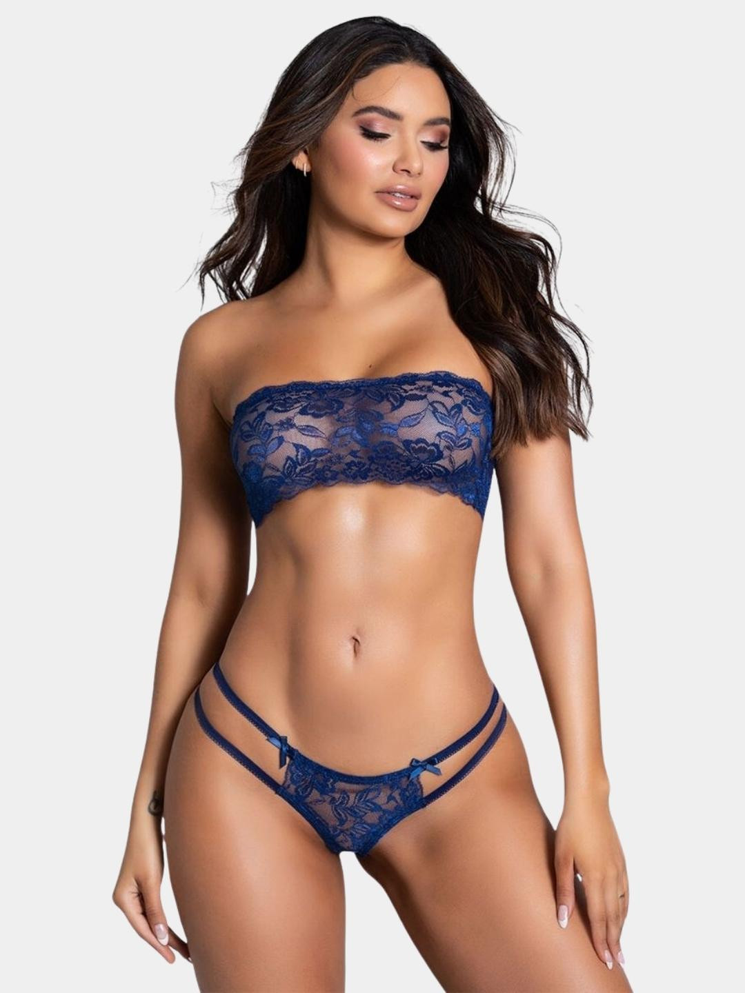 Ribald The Neech Strapless Floral Lace Bandeau Bra with Strappy Thong Panty Set