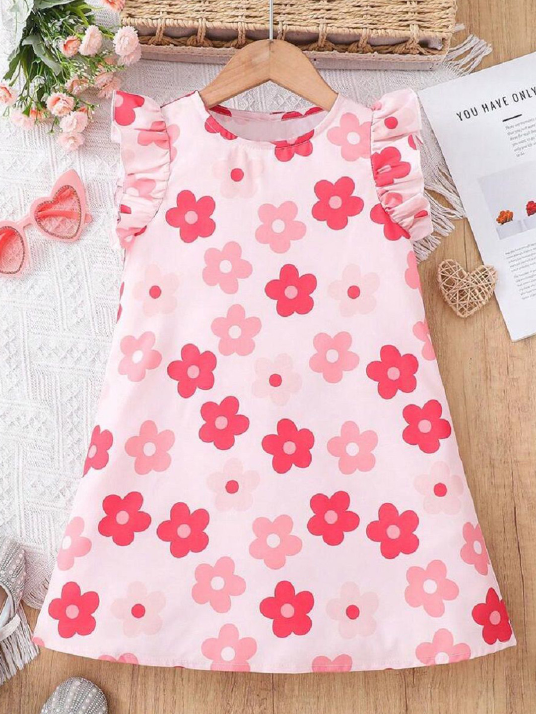 YK Girls Floral Printed Flutter Sleeve A-Line Dress
