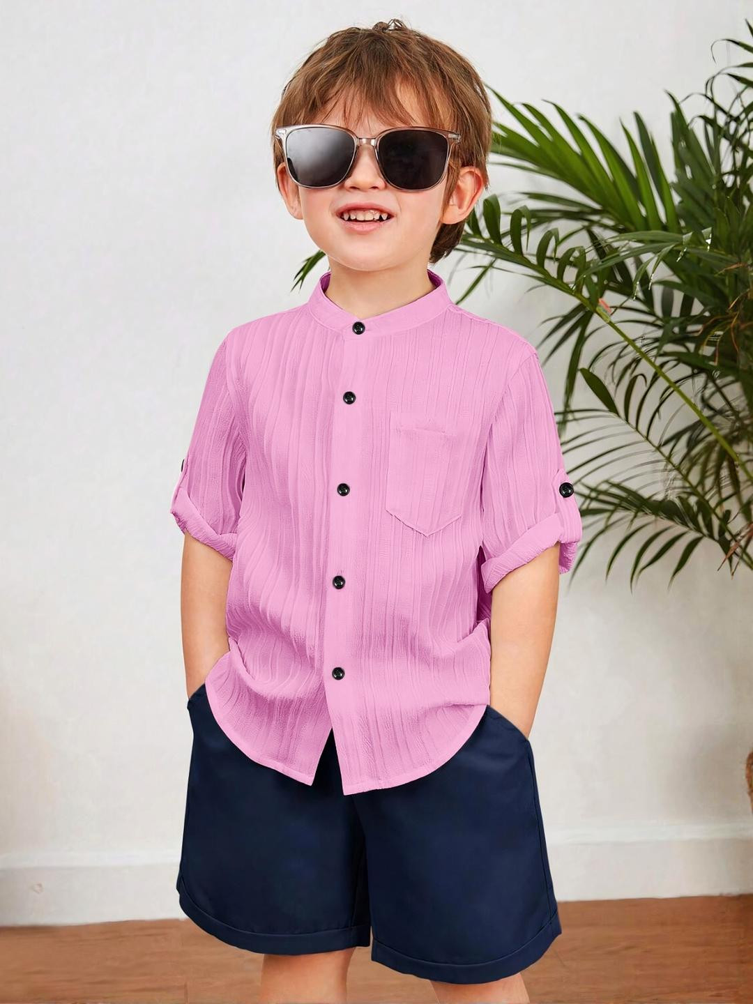 zarila Pink Polycotton Mandarin Collar Solid Shirts