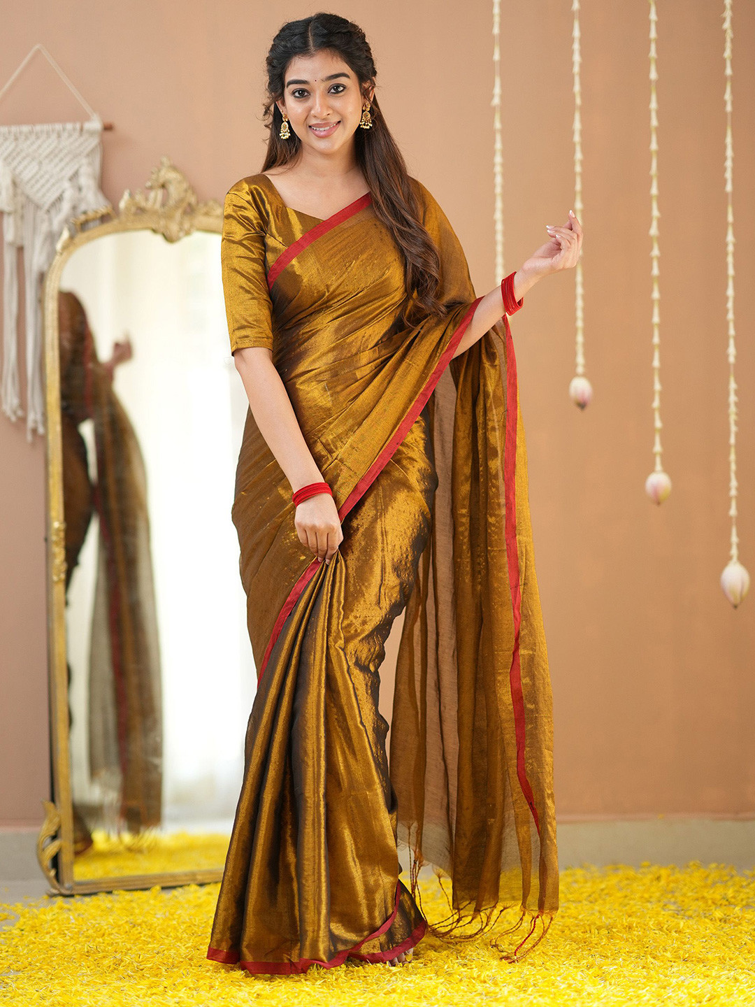 RAAG VARNAM Gold Tissue Saree With Designer Blouse
