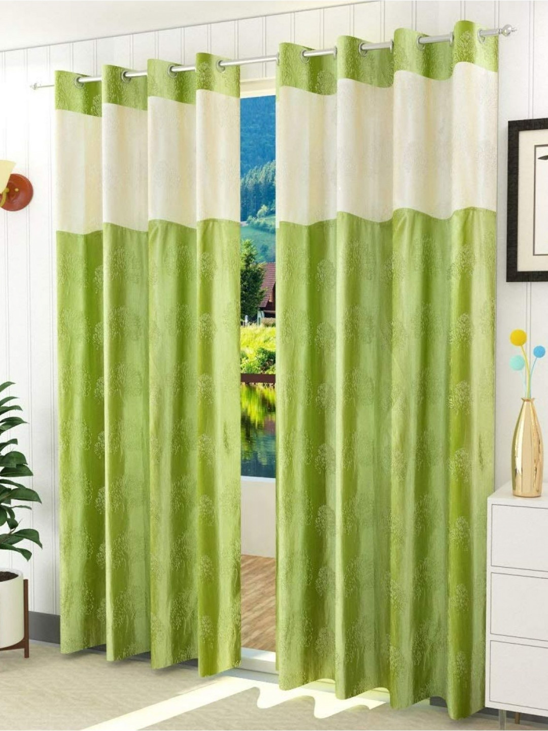 Aura White & Green 2 Pieces Colourblocked Long Door Curtains