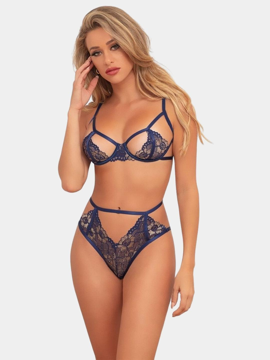 Strappy Navy Blue Sheer Lace Underwired Bra with High Waist Thong Panty Set