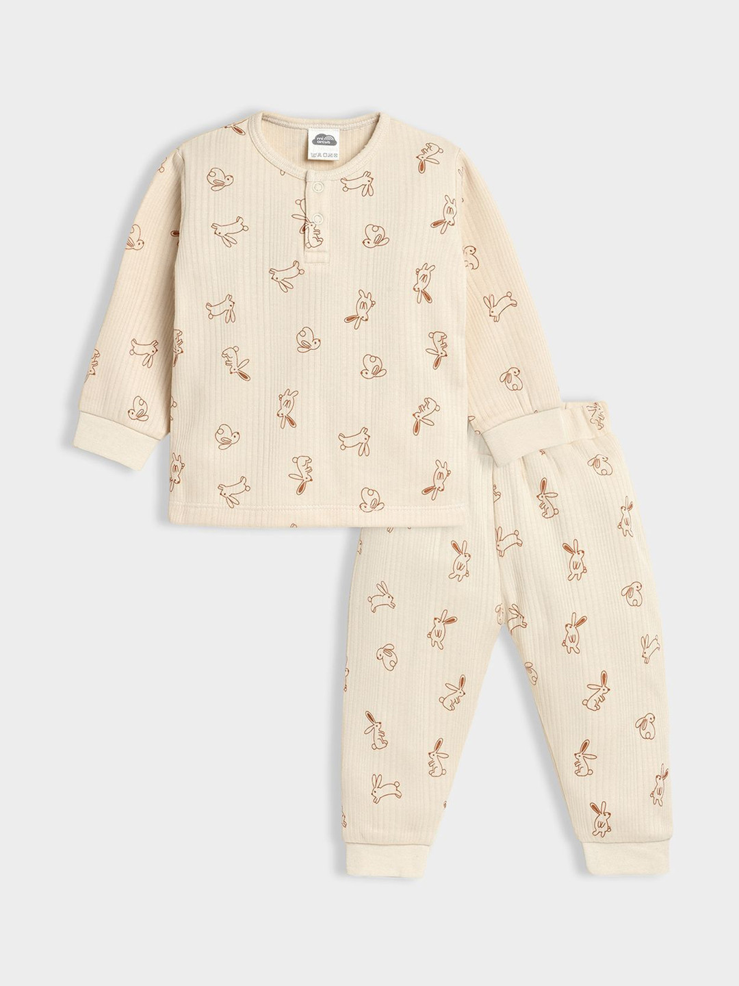 MiArcus Beige Long Sleeves Rabbit Print Thermal Top & Pyjama Set