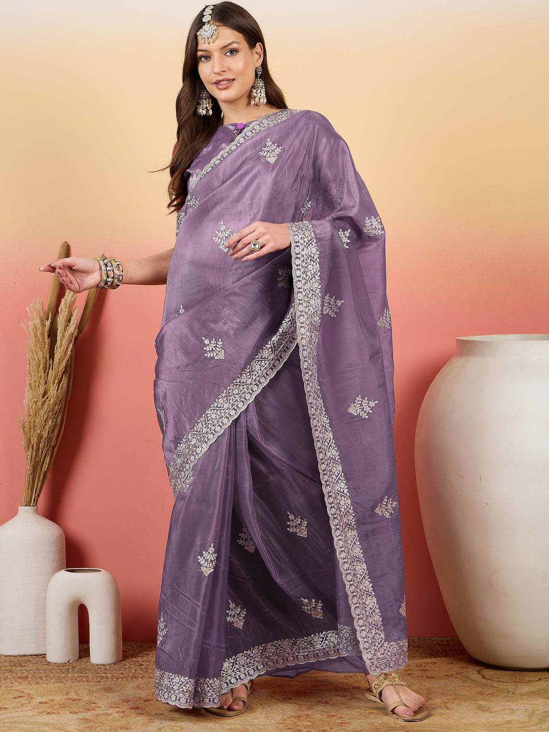 HERE&NOW Floral Embroderied Ceroski Daimond Sequinned Saree