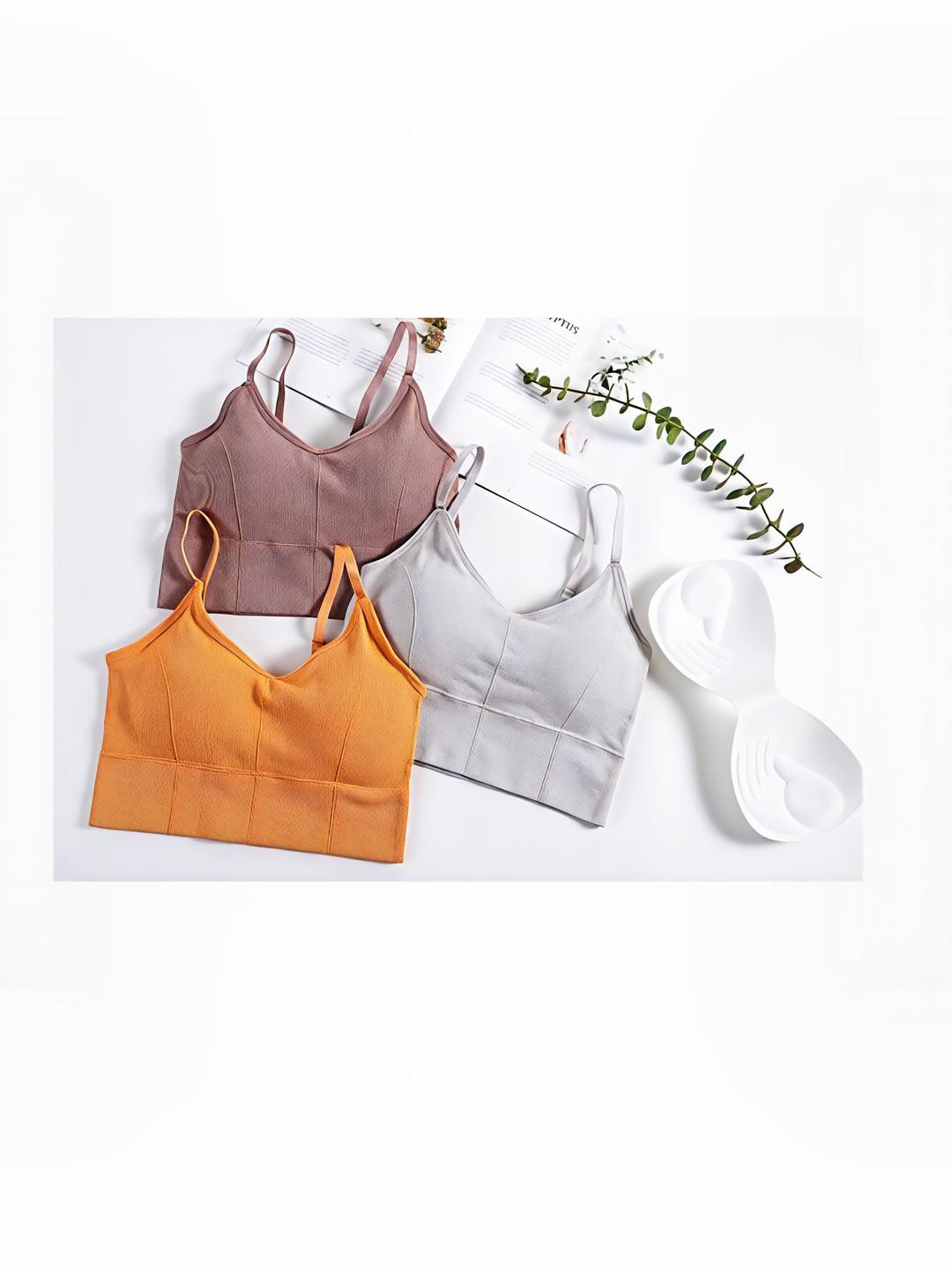 UNDER 1000 Women Grey Yellow & Mauve Solid Full Coverage 3 Pcs Lightly Padded Cotton Bra