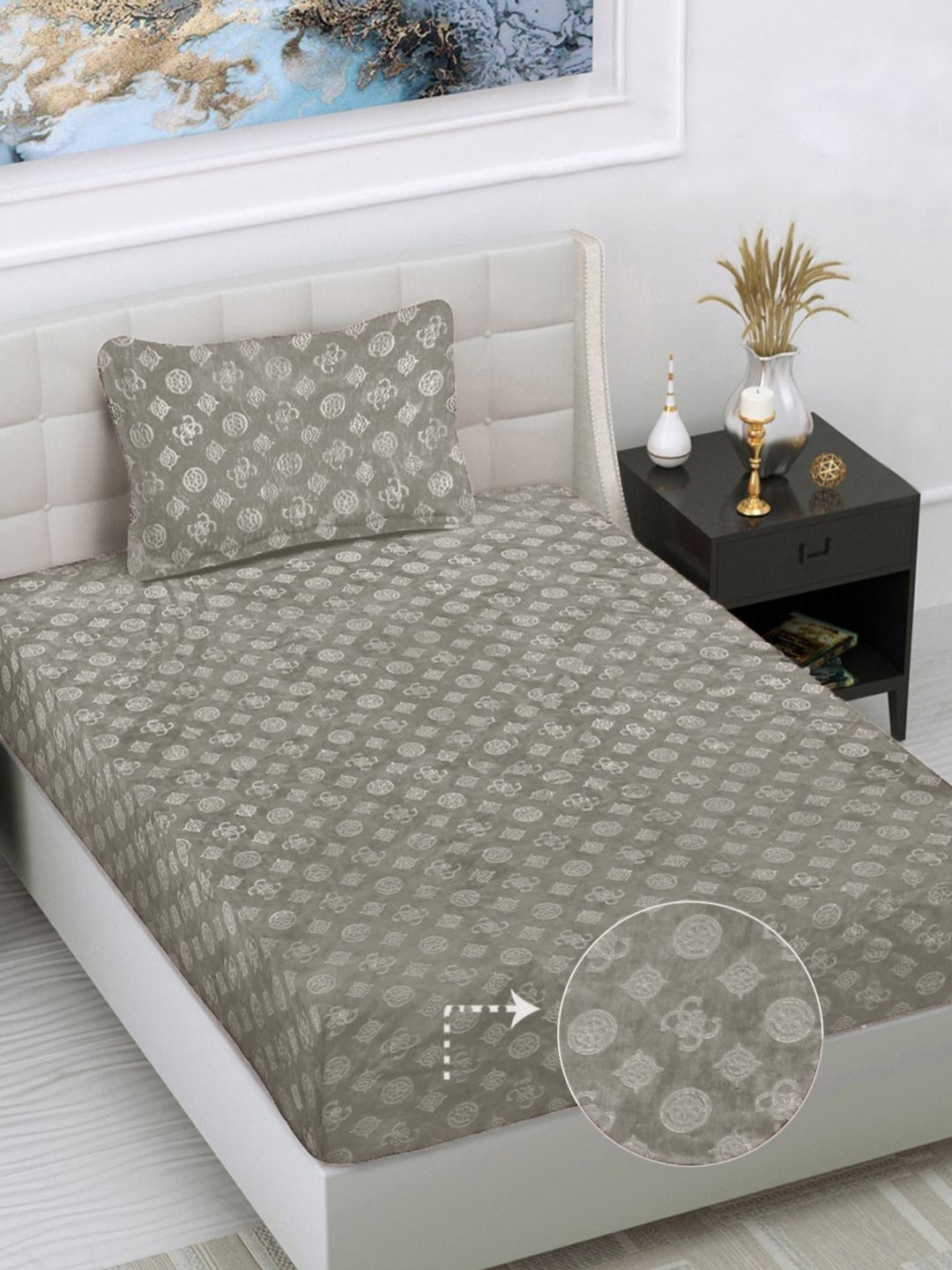 Myntra Elegant Homes Taupe Printed Woollen 300 TC Single Bedsheet Set 2.25 m X1.5 m