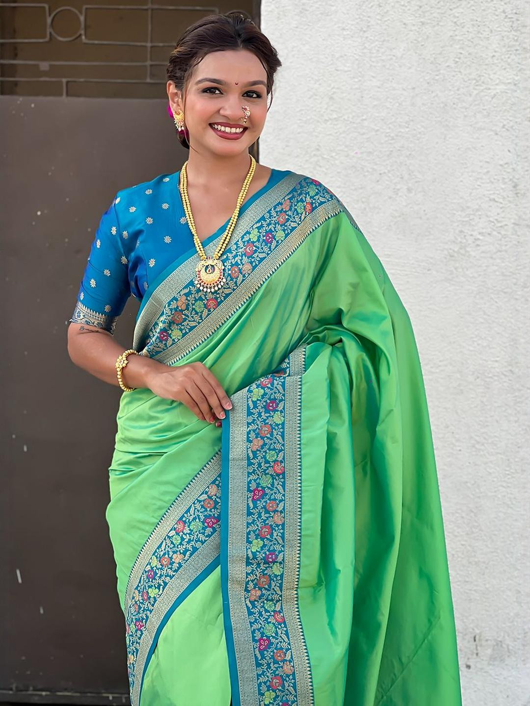 ELITE WEAVES Pista Woven Design Zari Paithani Silk Saree