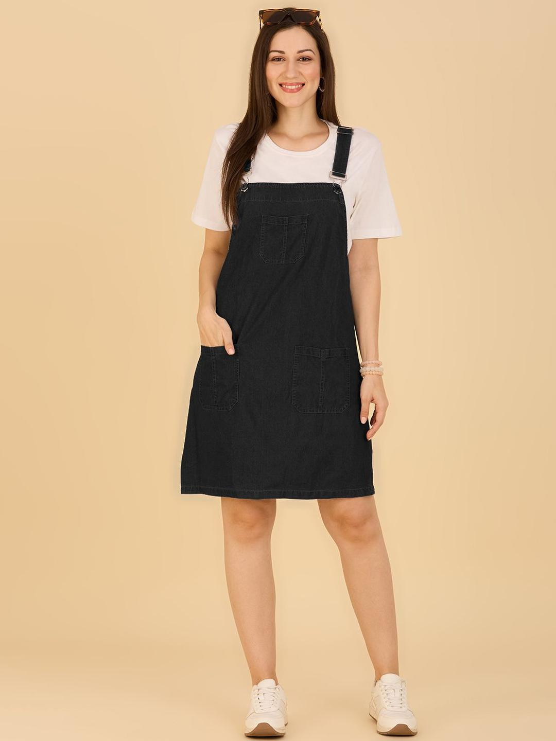 CEFALU Women Cotton Denim Dungaree Pinafore Dress