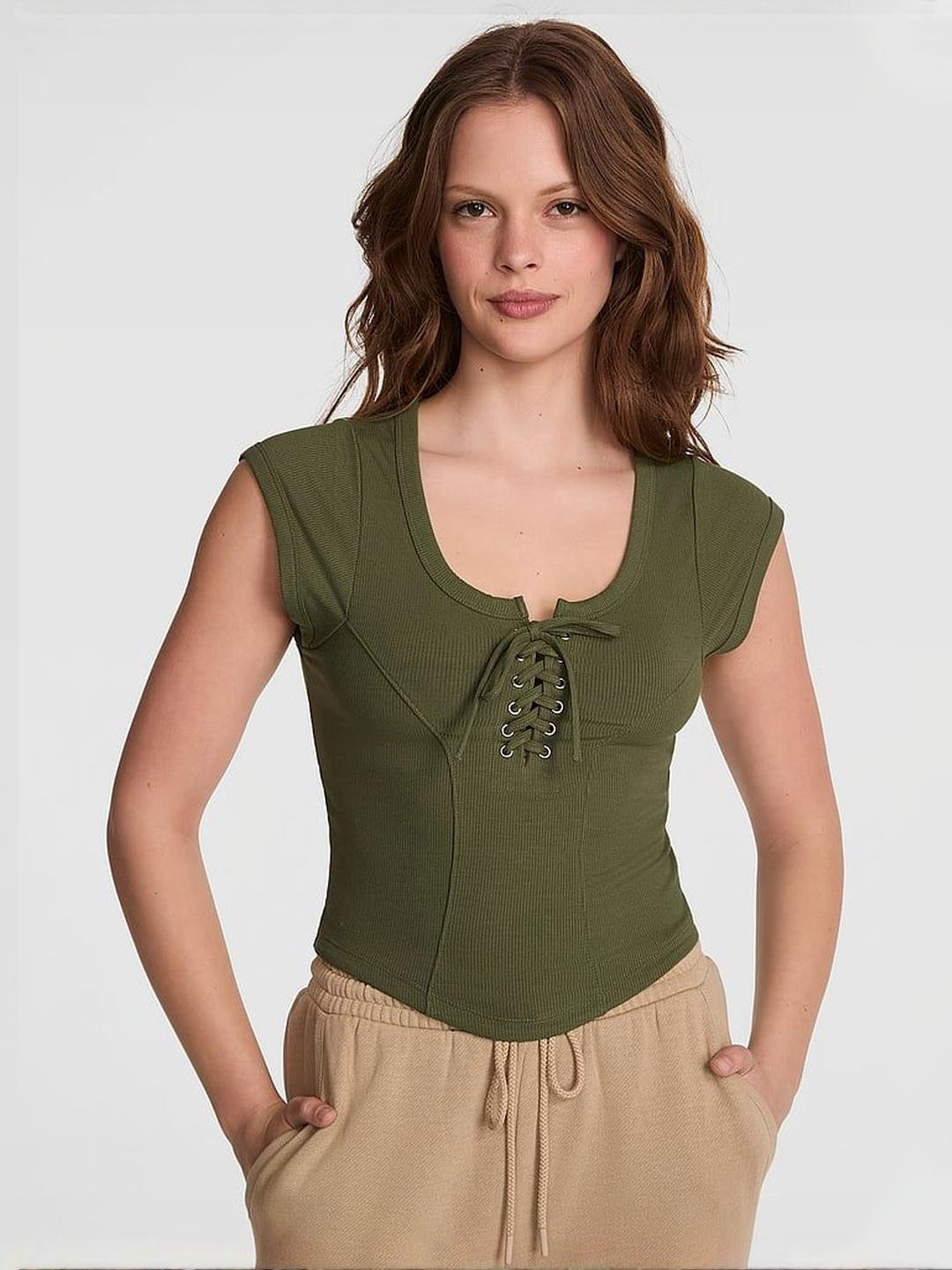 Victoria's Secret Women Ribbed Tie Up Neck Cap Sleeves Crop Top