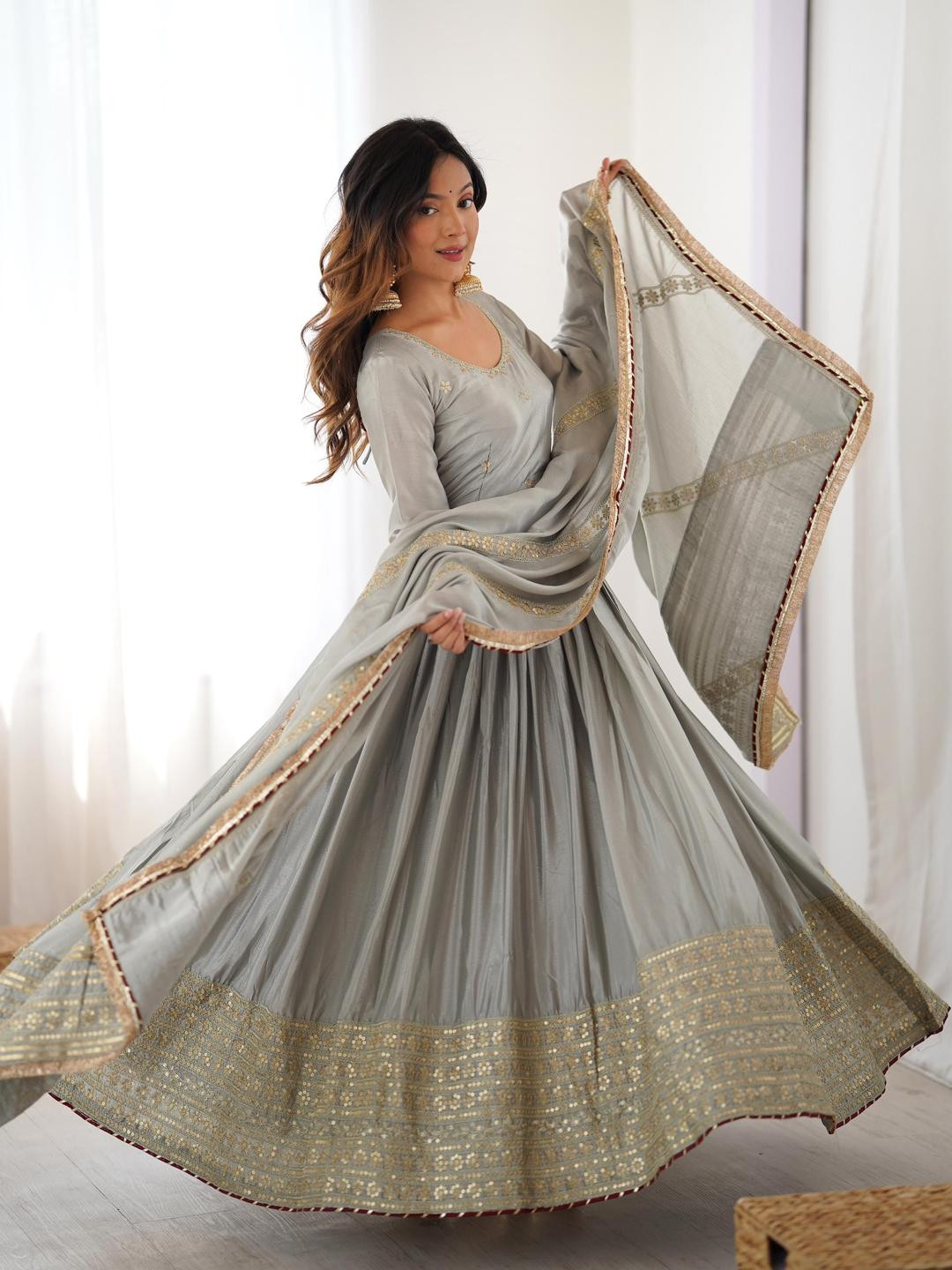 LeeliPeeri Designer Embroidered Flared Maxi Dress With Dupatta