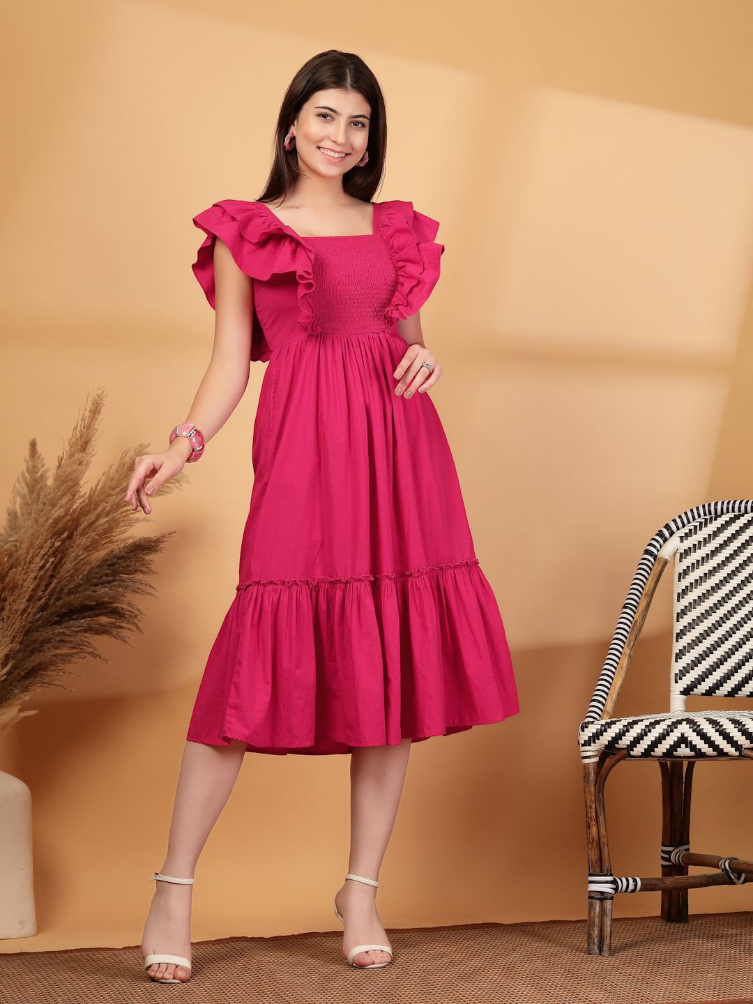 COSMIC TRIO Women Smocked Ruffled Detail Fit & Flare Midi Dress