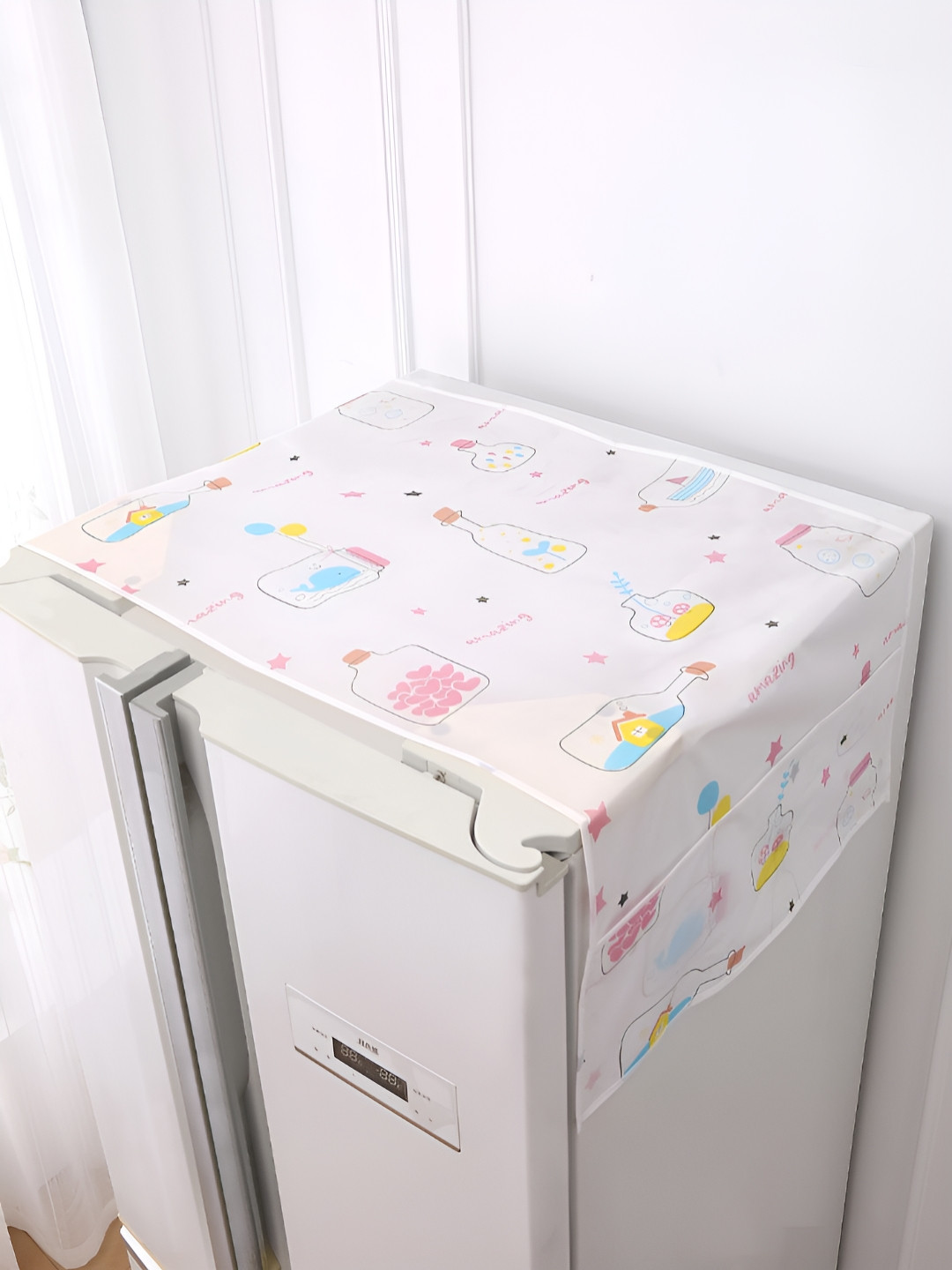 HOKIPO White & Pink Printed Waterproof Refrigerator Cover With 6 Side Pockets