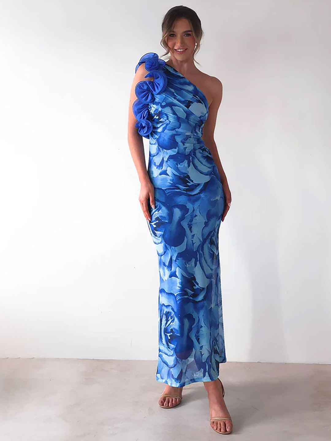 JC Mode Women One Shoulder Bodycon Maxi Dress With Ruffles Details