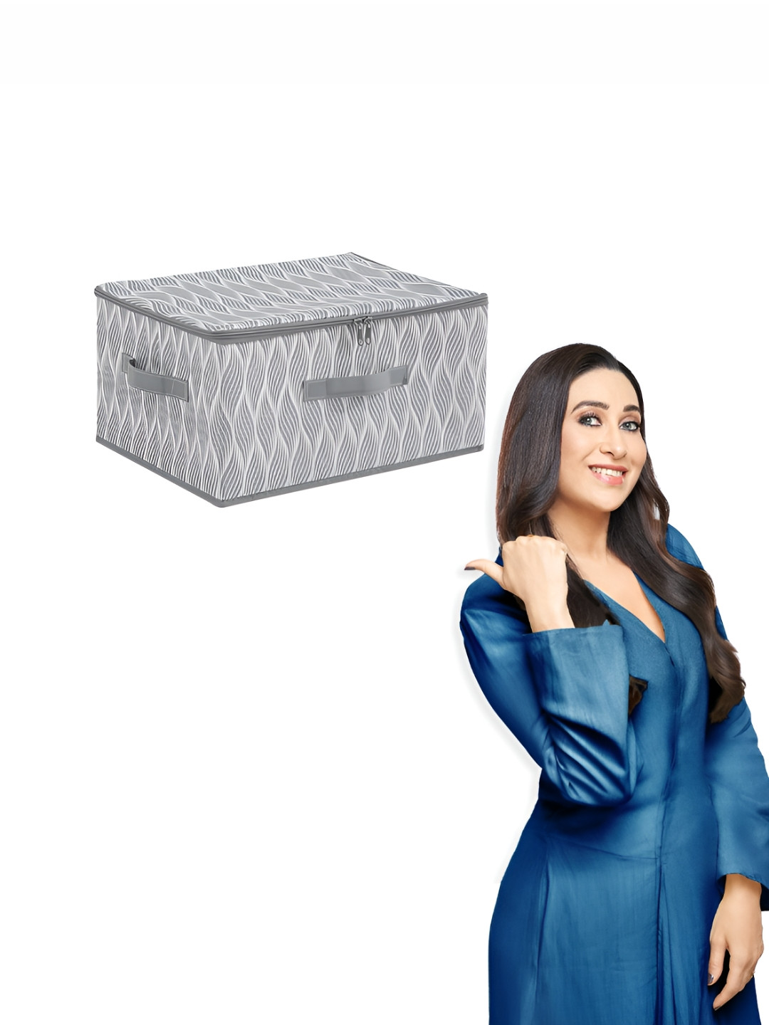 HOKIPO Grey & White Printed Cloth Storage Box Organisers for Wardrobe - Medium