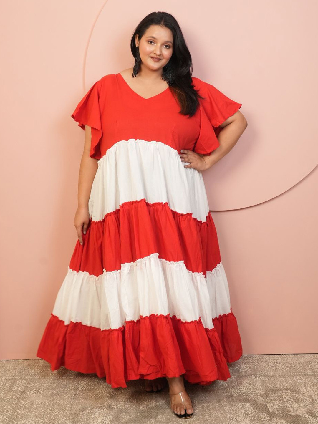 Swadeshi Shringaar Women V-Neck Red And White Cotton Gown Maxi Dress