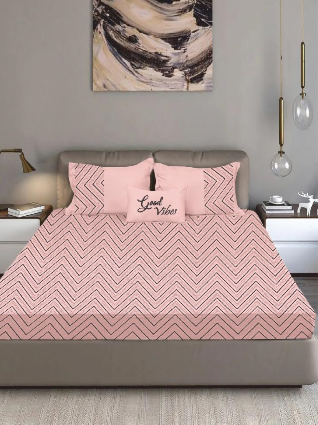 Bodycomfy Jersey Pink Geometric Pure Cotton 400 TC Fitted King Bedsheet Set 1.98m x 1.82m