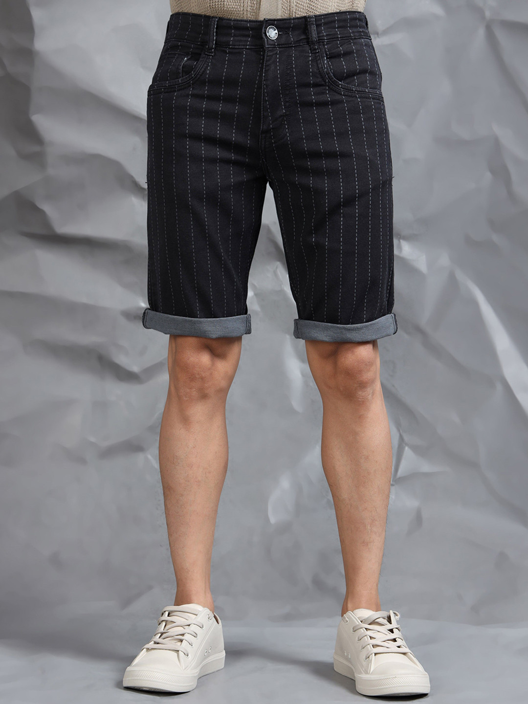 beevee Men Striped Mid-Rise Cotton Denim Shorts