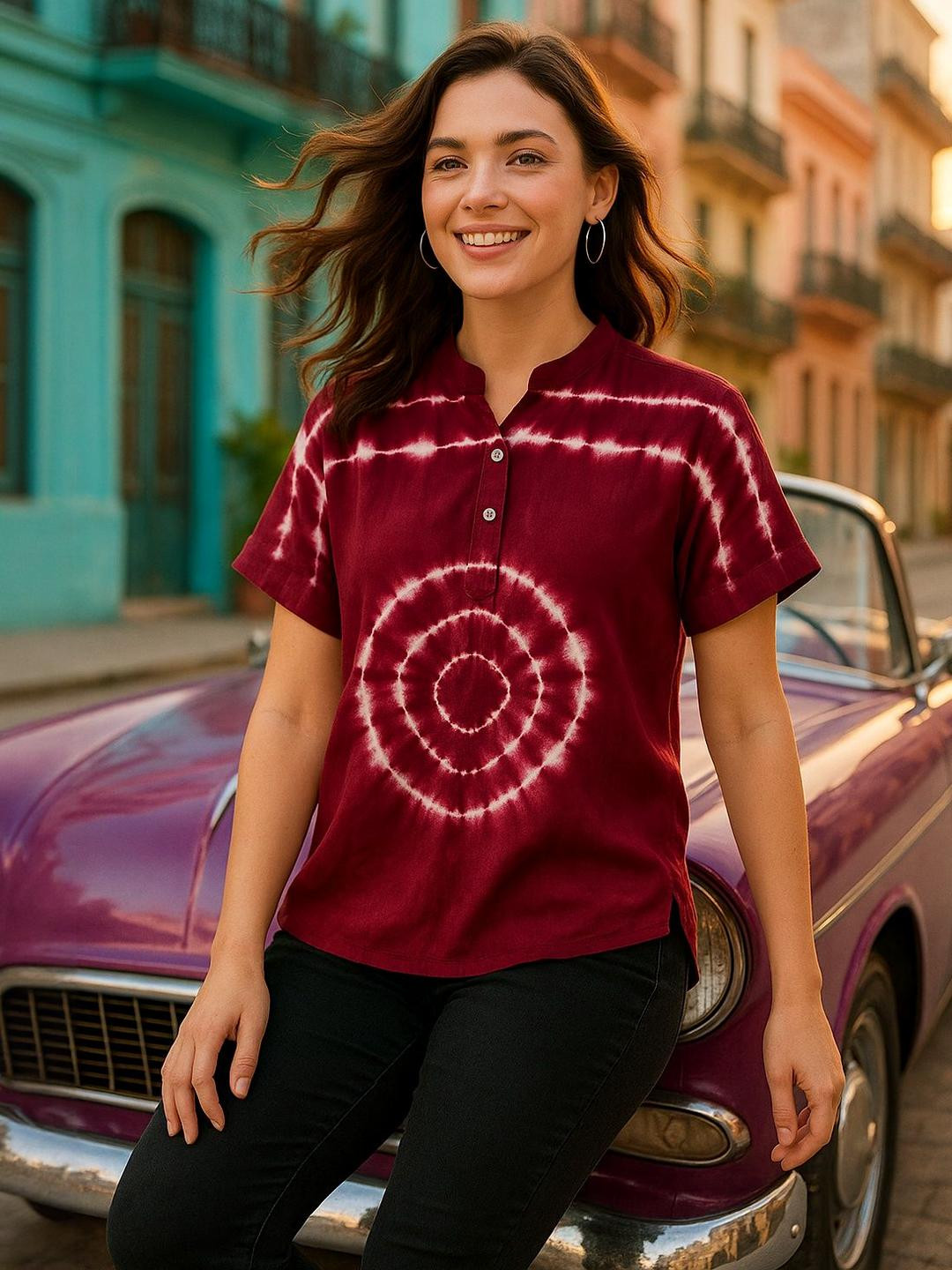 Maaesa Women Handmade Burgundy-White Tie-Dye Rayon Top