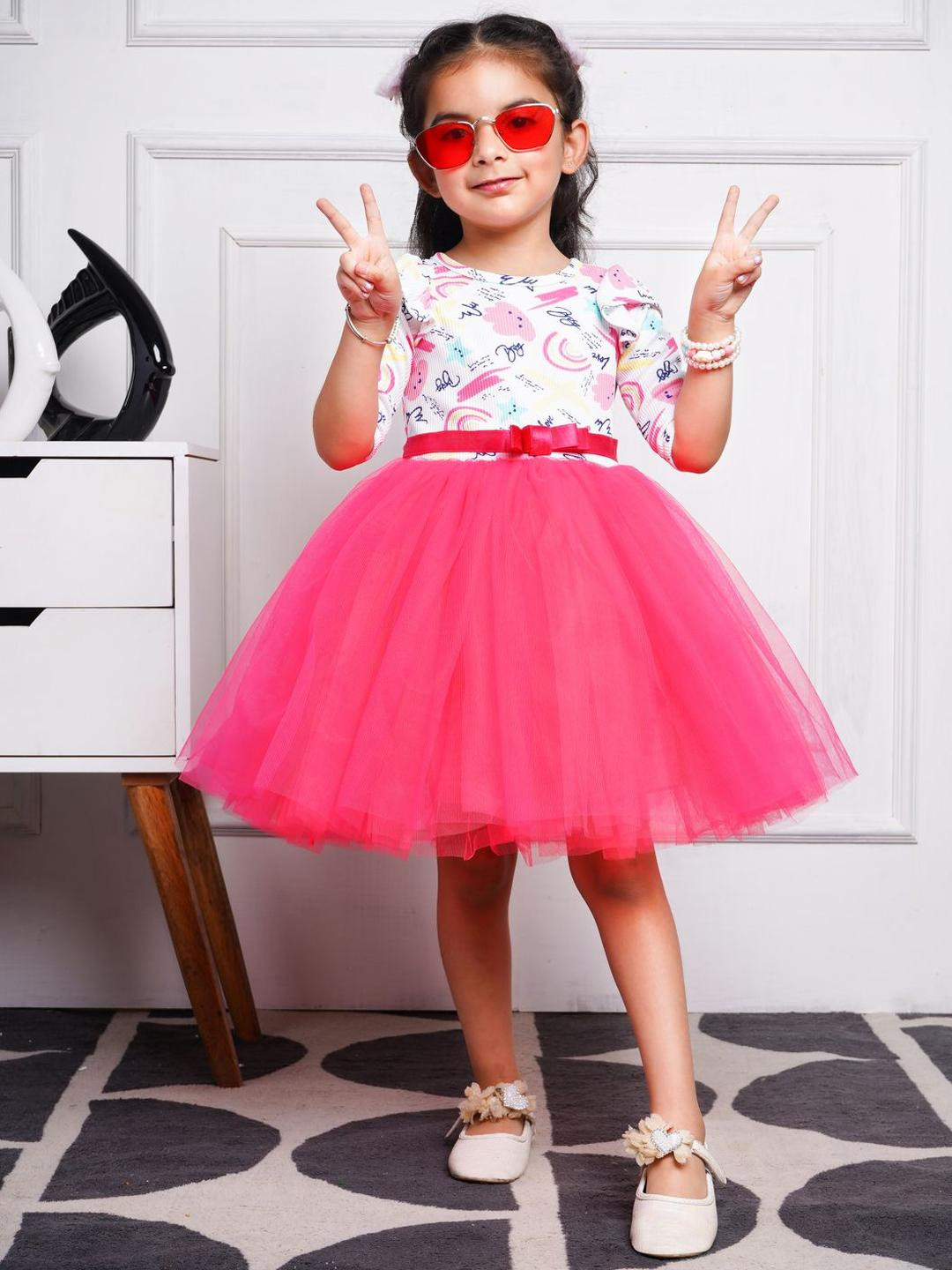 Toy Balloon kids Girls Printed Ruffle Tulle Belted Fit & Flare Dress